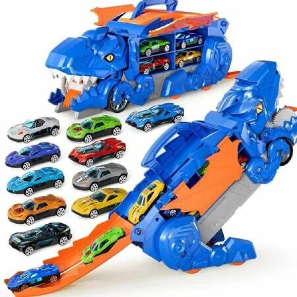 Transformed Truck Toy with 12 Mini Random Racing Cars, Dino Transport Car with Wings and Handle for Kids, Birthday Gift for 4 5 6 7 Year Old Boys Girls (Blue), 1 Pack