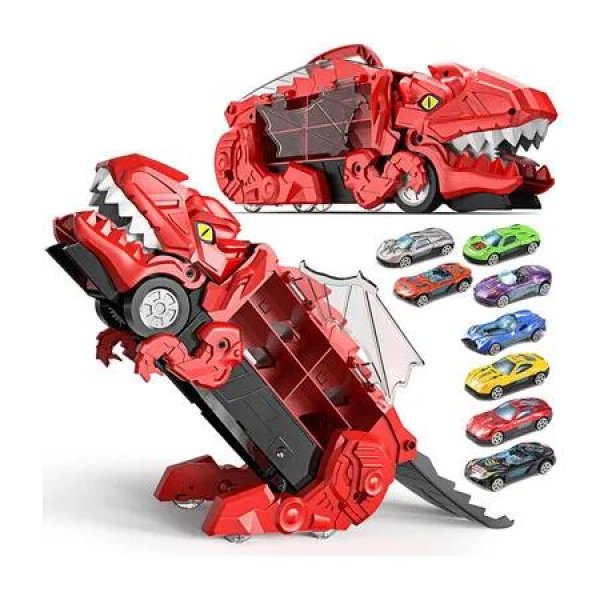 Transformed Truck Toy with 12 Mini Random Racing Cars, Dino Transport Car with Wings and Handle for Kids, Birthday Gift for 4 5 6 7 Year Old Boys Girls (Red), 1 Pack