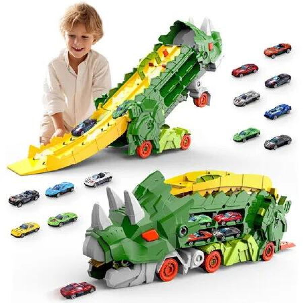 Transformed Truck Toys for Kids 3-8 Years Old, Transforms into Triceratops with Race Track Set, City Transporter Hauler with 8 Random Cars, Birthday Gifts Toys, Green