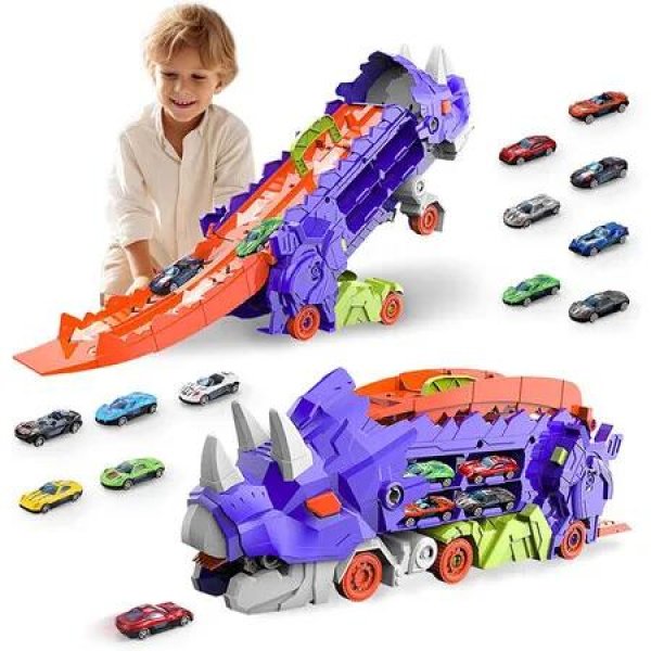 Transformed Truck Toys for Kids 3-8 Years Old, Transforms into Triceratops with Race Track Set, City Transporter Hauler with 8 Random Cars, Birthday Gifts Toys, Purple