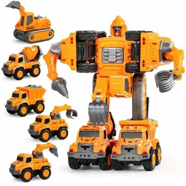 Transforming Robot Toys 5 in 1 Construction Vehicle Action Figures Set - Building STEM Car Toys for 3-6 Year Old Boys,Orange