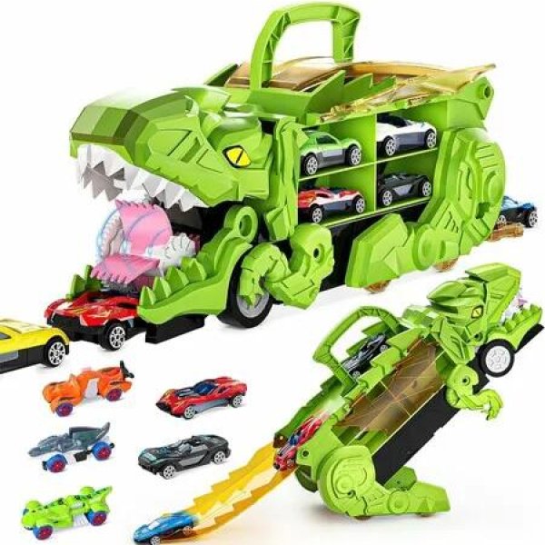 Transforms Car Toys for Kids, Tyrannosaurus Rex Cars Carrier Truck with 12 Mini Cars, Monster Dino Swallowing Vehicle with Race Track, Gift Ideas for Ages 3 4 5 6 7 8 Boys Children