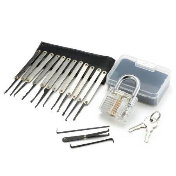 Transparent Padlock Skill Training Lock Picks Set Stainless Steel LOCKMALL Practice Security Tool Open Locking Keys Case