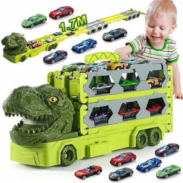 Transport Truck Toy Cars Portable Dinos Race Track Truck Toy with 6 Racing Cars,Carrier Truck Vehicles Set for Boys