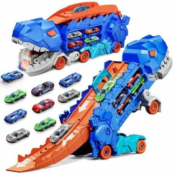 Transport Truck with 12 Metal Cars,City Ultimate Hauler Track Toy,Transforms into Stomping Standing for Kids Ages 3+