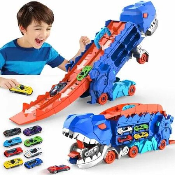 Transport Truck with City Ultimate Hauler Race Track,Transforms into Stomping Standing Toddler Toys Unique Gifts for Kid Age 3+ Year Olds ( 8 Die-Cast Race Cars)