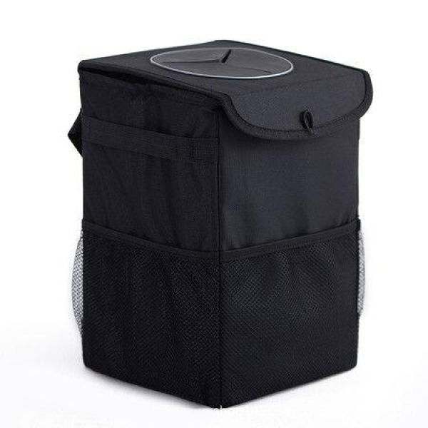 Trash Can Garbage Bag With Lid And Storage Pockets Leak-Proof Vinyl Multipurpose Truck Organizer Black