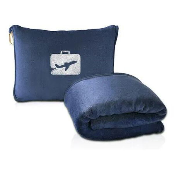 Travel Blanket and Pillow Soft 2 in 1 Airplane Blanket with Soft Storage Bag,Hand Luggage and Backpack Clip Navy