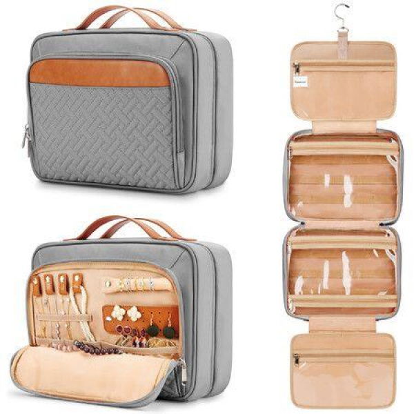 Travel Hanging Toiletry Bag for Women, with Jewelry Organizer Compartment, Waterproof Cosmetic Bag, Toiletries Kit Set with Trolley Belt, Gray