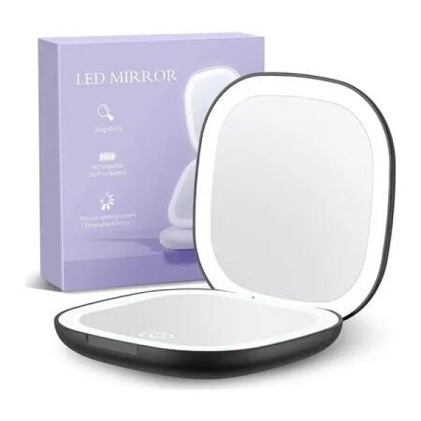 Travel Makeup Mirror Rechargeable Double Sided Vanity LED 10X Magnification 3 Light Colours Adjustable Brightness Handheld Purse Black