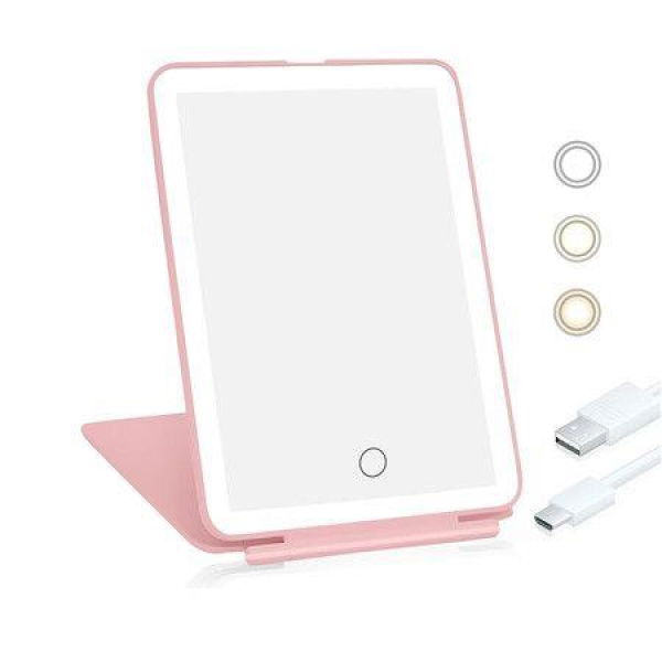 Travel Mirror for Makeup, Rechargeable Light up Mirror with 72 LED Lights and 1000mAh Batteries (Pink)