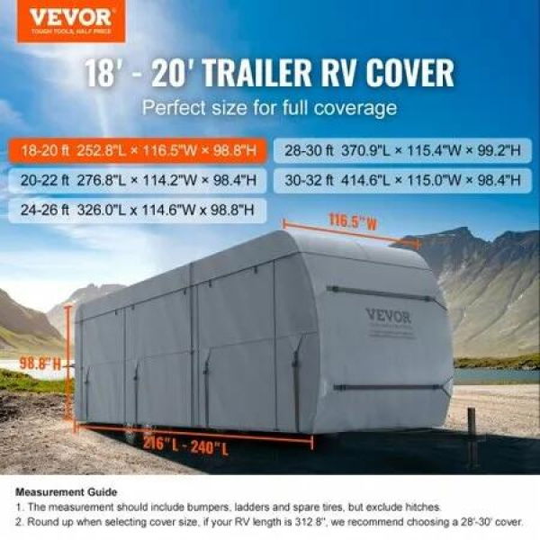 Travel Trailer Cover, 5.5-6.1m RV Cover, 4-Layer Non-Woven Fabric Camper Cover, Waterproof, Windproof And Wear-Resistant Class A RV Cover, Rip-Stop Camper Cover with Storage Bag and Patches