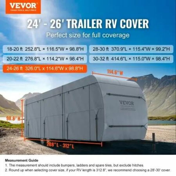 Travel Trailer Cover, 7.3-7.9m RV Cover, 4-Layer Non-Woven Fabric Camper Cover, Waterproof, Windproof And Wear-Resistant Class A RV Cover, Rip-Stop Camper Cover with Storage Bag and Patches