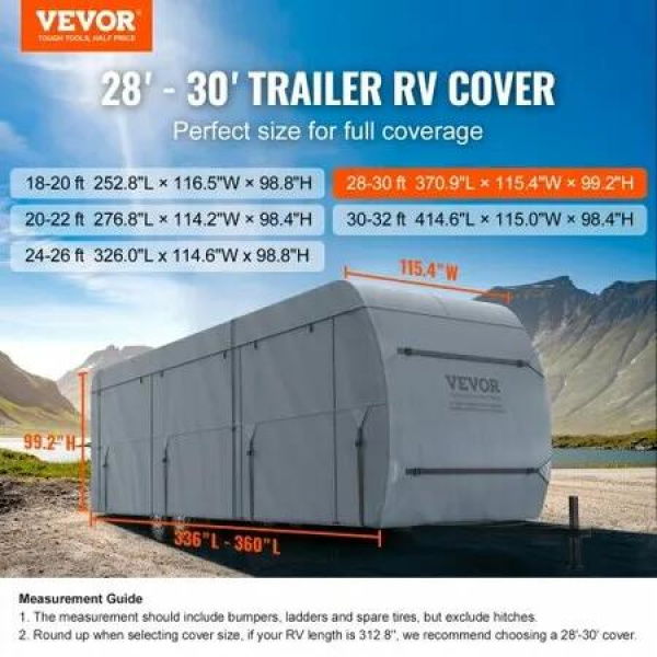 Travel Trailer Cover, 8.5-9.1m RV Cover, 4-Layer Non-Woven Fabric Camper Cover, Waterproof, Windproof And Wear-Resistant Class A RV Cover, Rip-Stop Camper Cover with Storage Bag and Patches