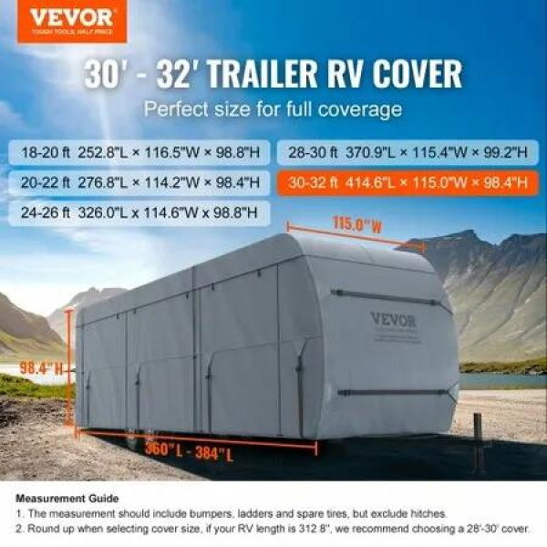 Travel Trailer Cover, 9.1-9.8m RV Cover, 4-Layer Non-Woven Fabric Camper Cover, Waterproof, Windproof And Wear-Resistant Class A RV Cover, Rip-Stop Camper Cover with Storage Bag and Patches