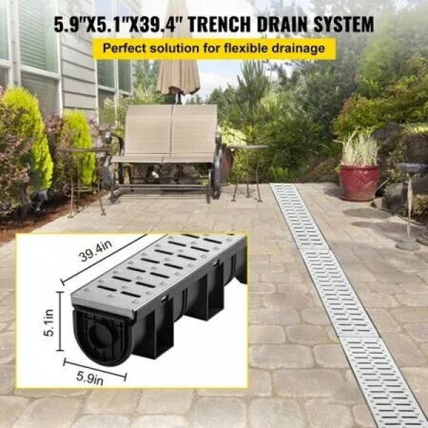 Trench Drain System Channel Drain with Metal Grate 150x130 mm HDPE Drainage Trench Black Plastic Garage Floor Drain 3x39 Trench Drain Grate with 3 End Caps