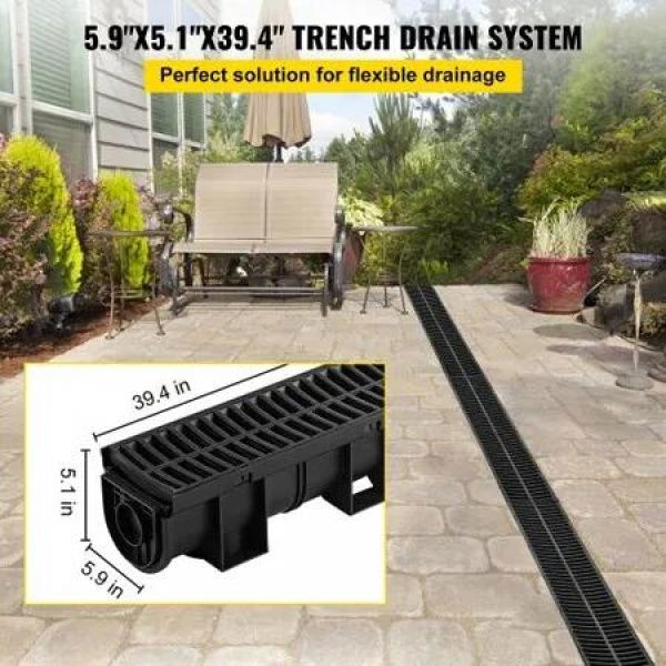 Trench Drain System Channel Drain with Plastic Grate 150x130MM HDPE Drainage Trench Black Plastic Garage Floor Drain 6x39 Trench Drain Grate with 6 End Caps for Garden Driveway-6 Pack