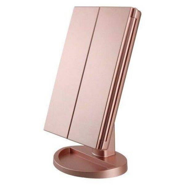 Tri-Fold Lighted Vanity Mirror With 22 LED Lights Touch Screen 3X/2X/1X Magnification Makeup Mirror - Rose Gold.