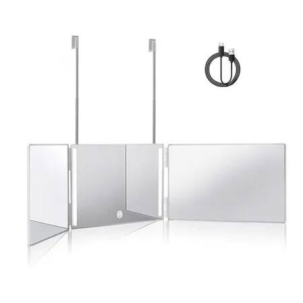 Trifold Mirror Hair Cutting 360 LED Height Adjustable Telescoping Hooks Makeup Styling White Portable