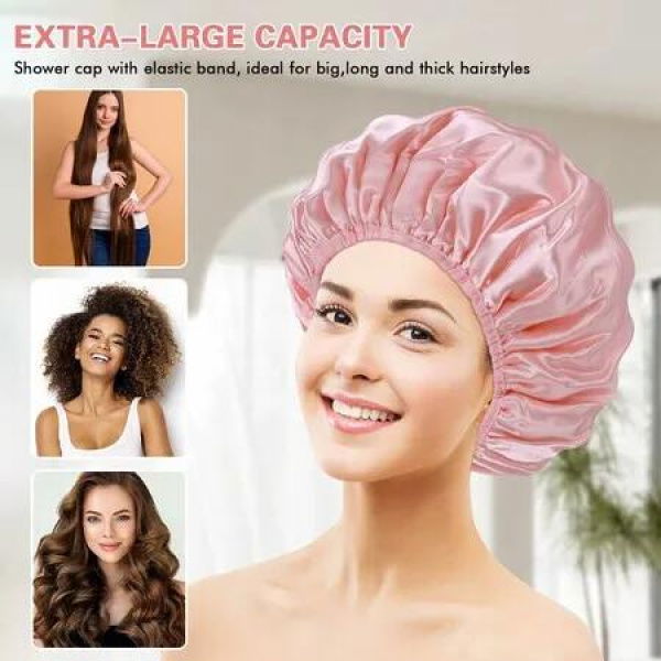 Triple Layer Shower Cap for Women,with Microfiber Liner,Practical Bathing Accessories,Soft Hair Wrap,Reusable Shower Cap for Long Hair(Pink)