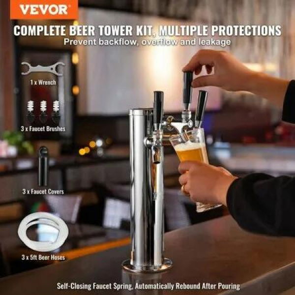 Triple Taps Draft Beer Tower Dispenser, Stainless Steel Keg Beer Tower, Kegerator Tower Kit with Pre-Assembled Tubing and Self-Closing Faucet Shanks for Party, Bar, Pub, Restaurant