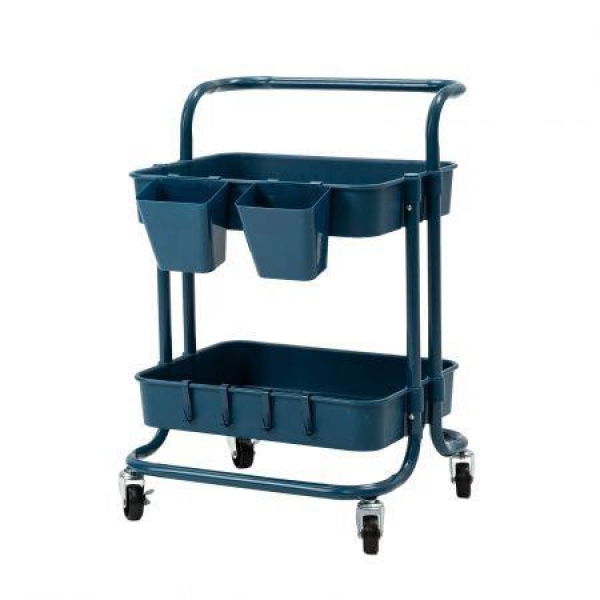 Trolley Cart Storage Utility Rack Shelf Organiser Swivel Kitchen 2 Tier Blue