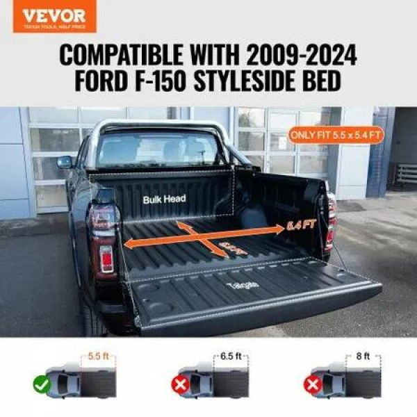 Truck Bed Cover, Roll Up Truck Bed Tonneau Cover, Compatible with 2009-2024 Ford F-150 Styleside Bed, for 1.7m x 1.7m Bed, Soft PVC material, 100% Bed Access Roll Up Tonneau Cover