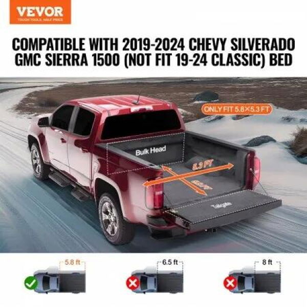 Truck Bed Cover, Roll Up Truck Bed Tonneau Cover, Compatible with 2019-2024 Chevy Silverado GMC Sierra 1500 (NOT FIT 19-24 Classic) Bed, for 1.8m x 1.6m Bed, Soft PVC, Roll Up Tonneau Cover