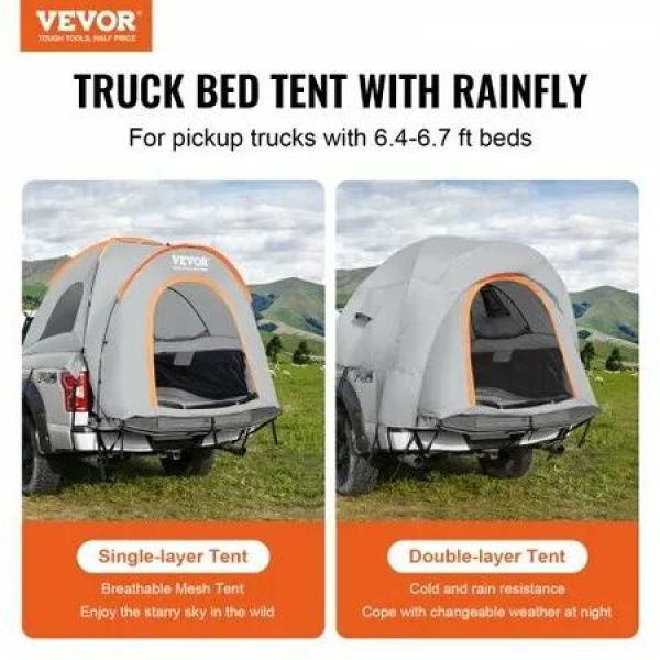 Truck Bed Tent, 6.4'-6.7' Pickup Truck Tent with Rain Layer and Carry Bag, Waterproof PU2000mm Double Layer Truck Tent, Accommodate 2-3 Person, for Camping Traveling Outdoor Activities