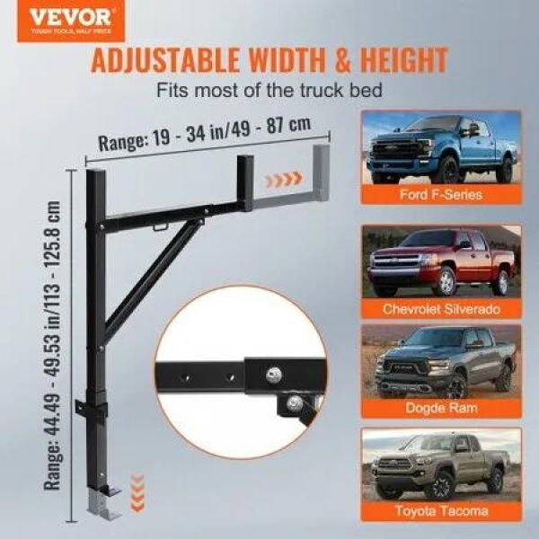 Truck Rack, 19-34inch Extendable Truck Ladder Rack, 38.6'-43.6' Adjustable Height, 250 lbs Capacity Steel Ladder Rack for Truck, Heavy Duty Truck Bed Rack for Kayak, Surfboard, Lumber, Ladder