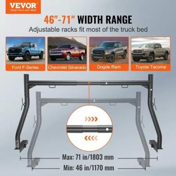 Truck Rack, 46-71inch Extendable Truck Ladder Rack, 363lbs Capacity Steel Ladder Rack for Truck with Non-Drilling J-bolts, Heavy Duty Truck Bed Rack for Kayak, Surfboard, Lumber, Ladder