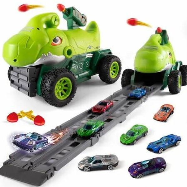 Truck Toys with 6 Die-Cast Metal Cars Foldable Track & Missile Launcher Birthday Gift Idea Toys for Kids Ages 3+(Green)