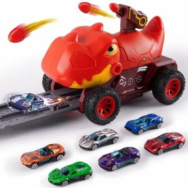 Truck Toys with 6 Die-Cast Metal Cars Foldable Track & Missile Launcher Birthday Gift Idea Toys for Kids Ages 3+(Red)