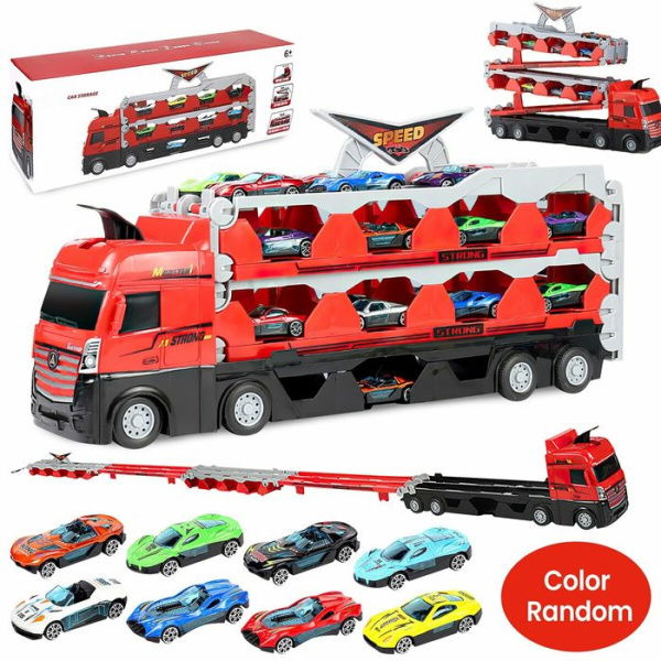 Truck With Ejection Race Track Big Truck Folding Storage Race Track Deformation Catapult TruckCar Transporter Truck Toy Set Birthday Gift Kids Boys With 8 Cars