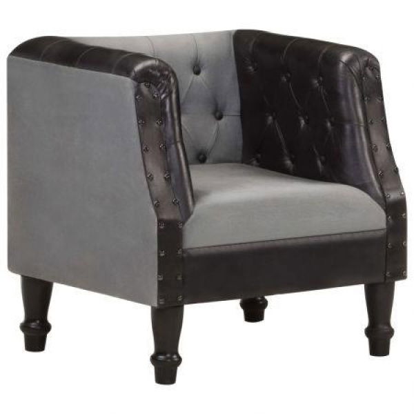 Tub Chair Black Real Leather And Solid Mango Wood