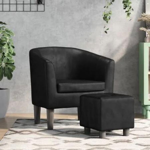 Tub Chair with Footstool Black Faux Leather