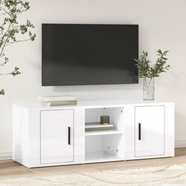 TV Cabinet High Gloss White 100x31.5x35 Cm Engineered Wood.