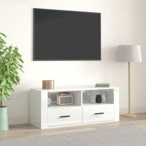 TV Cabinet High Gloss White 100x35x40 Cm Engineered Wood