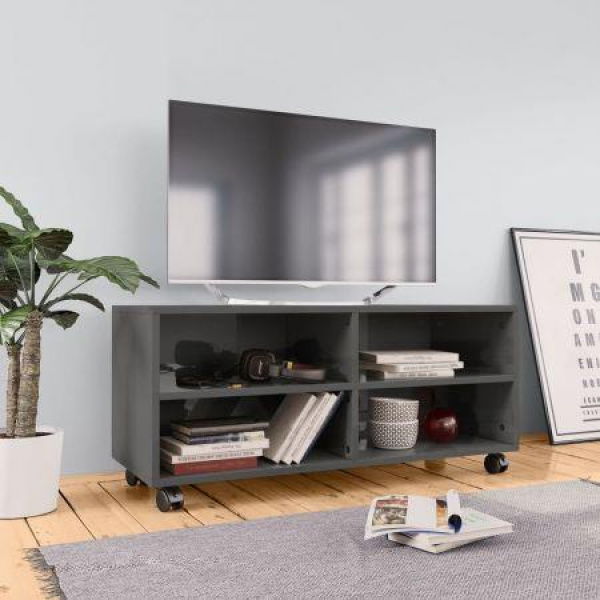 TV Cabinet With Castors High Gloss Grey 90x35x35 Cm Chipboard