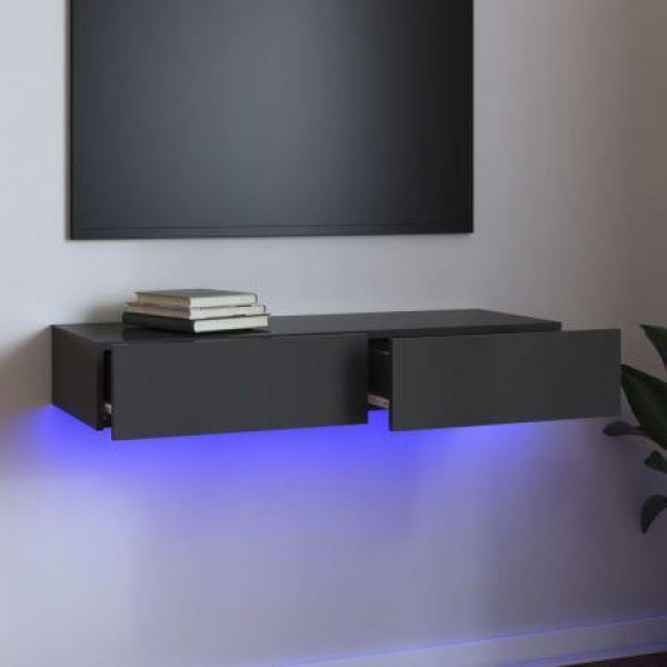 TV Cabinet With LED Lights High Gloss Grey 90x35x15.5 Cm.