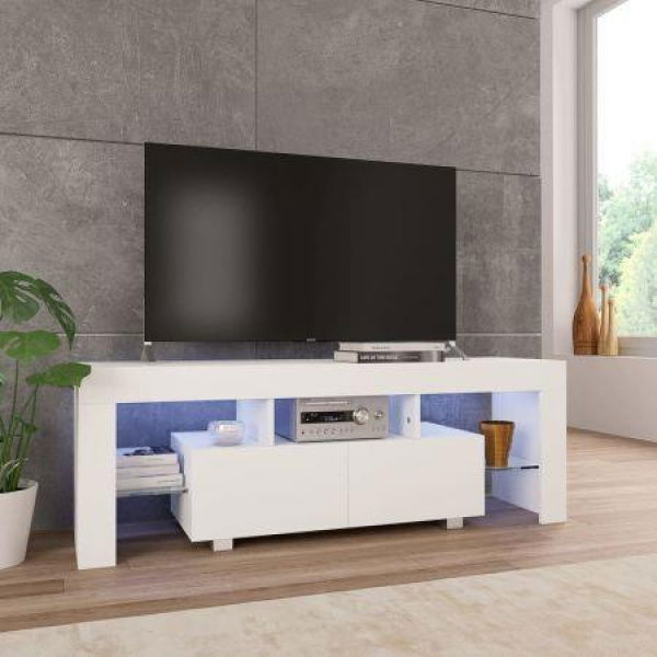 TV Cabinet With LED Lights High Gloss White 130x35x45 Cm