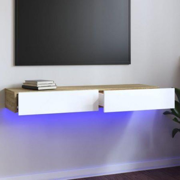 TV Cabinet With LED Lights White And Sonoma Oak 120x35x15.5 Cm.