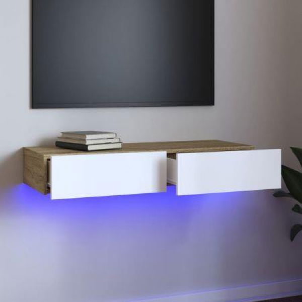 TV Cabinet With LED Lights White And Sonoma Oak 90x35x15.5 Cm.