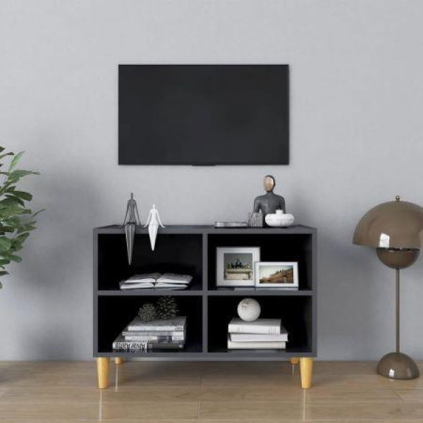 TV Cabinet With Solid Wood Legs High Gloss Grey 69.5x30x50 Cm.