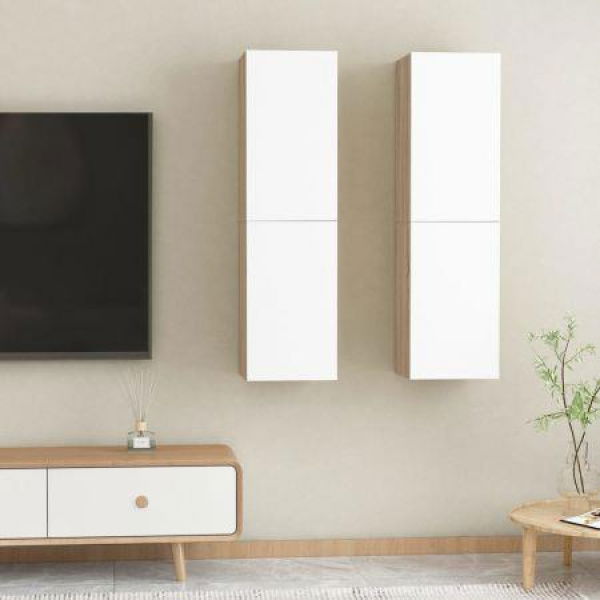 TV Cabinets 2 Pcs White And Sonoma Oak 30.5x30x110 Cm Engineered Wood.