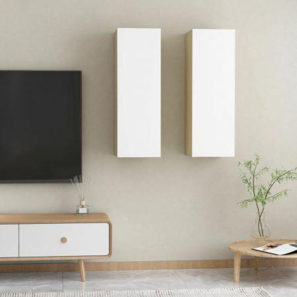 TV Cabinets 2 Pcs White And Sonoma Oak 30.5x30x90 Cm Engineered Wood.