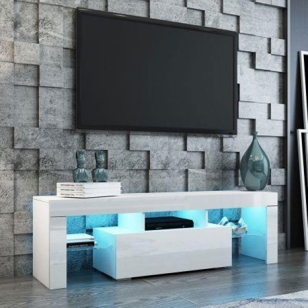 TV Stand Cabinet LED Entertainment Unit 130cm Gloss Wood Storage Drawer Shelf - White