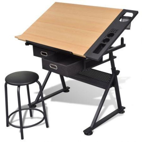 Two Drawers Tiltable Tabletop Drawing Table With Stool