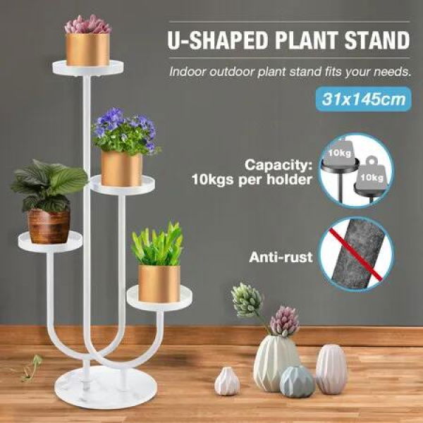 U Shaped Plant Stand White Metal Flower Pots Shelf Indoor Outdoor Corner Planter Holder