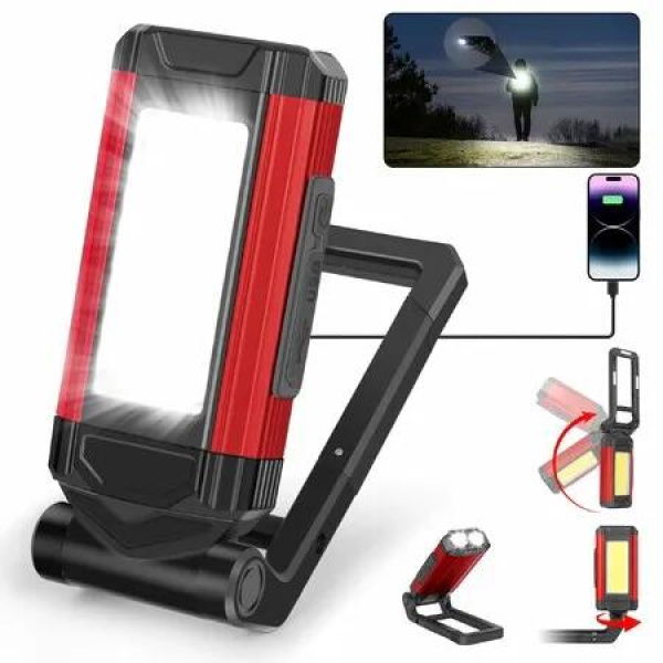 Ultra Bright LED Work Lamp Workshop Lamp with Rechargeable Battery Magnetic Base and Rotating Function for Workshop,Car Repair Camping,Red